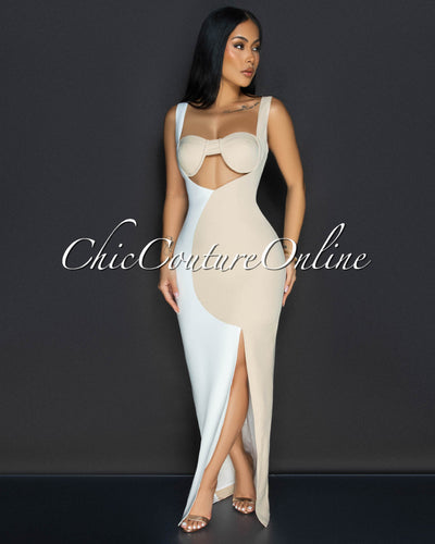 Rosina Nude White Sleeveless Cut Out Maxi Dress