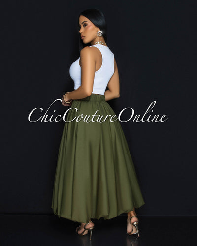 Vienna Olive Green Midi Bubble Cargo Skirt