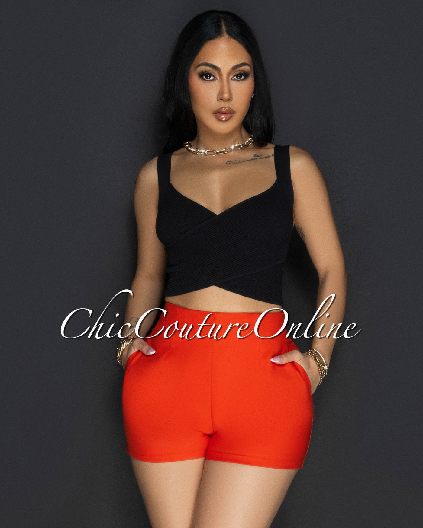 Shina Black Cross V-Neck Ribbed Crop Top