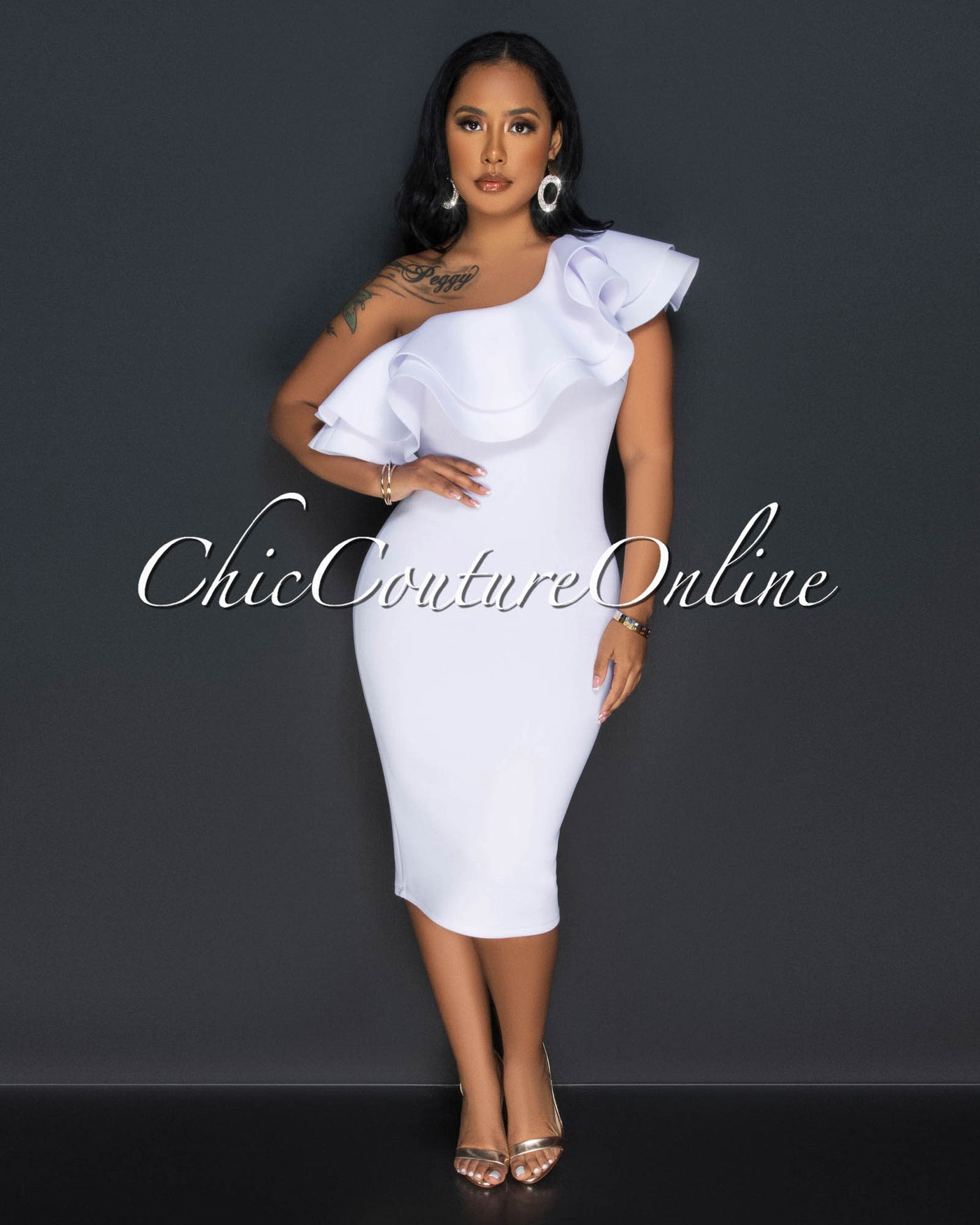 Israel White Single Shoulder Ruffle Top Ponti Dress