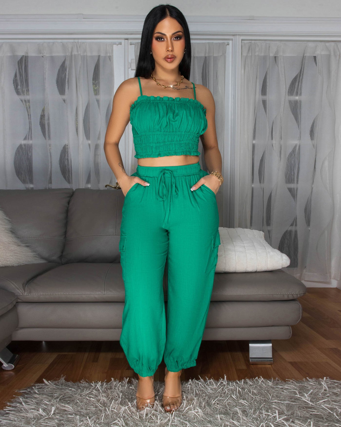 Moya Forest Green Crop Top & Jogger Linen Pants Set