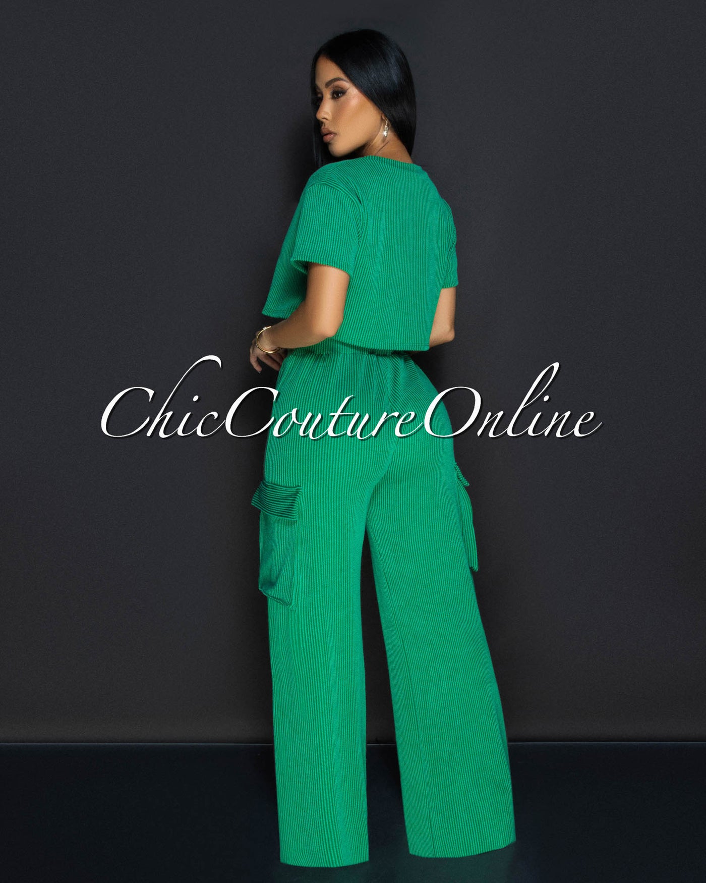 Myna Kelly-Green Ribbed Crop Top & Cargo Pants Set
