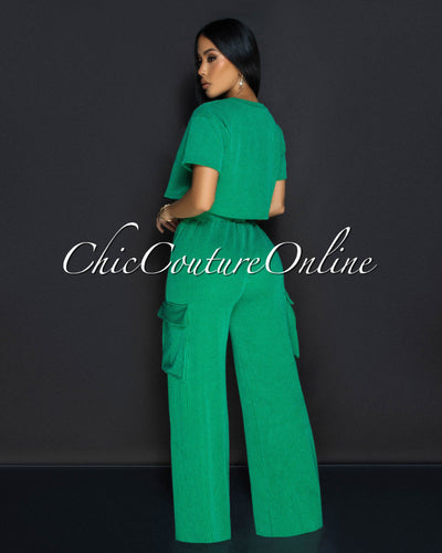 Myna Kelly-Green Ribbed Crop Top & Cargo Pants Set