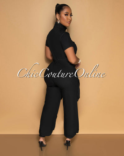 Morcan Black Cargo Pockets Jogger Jumpsuit