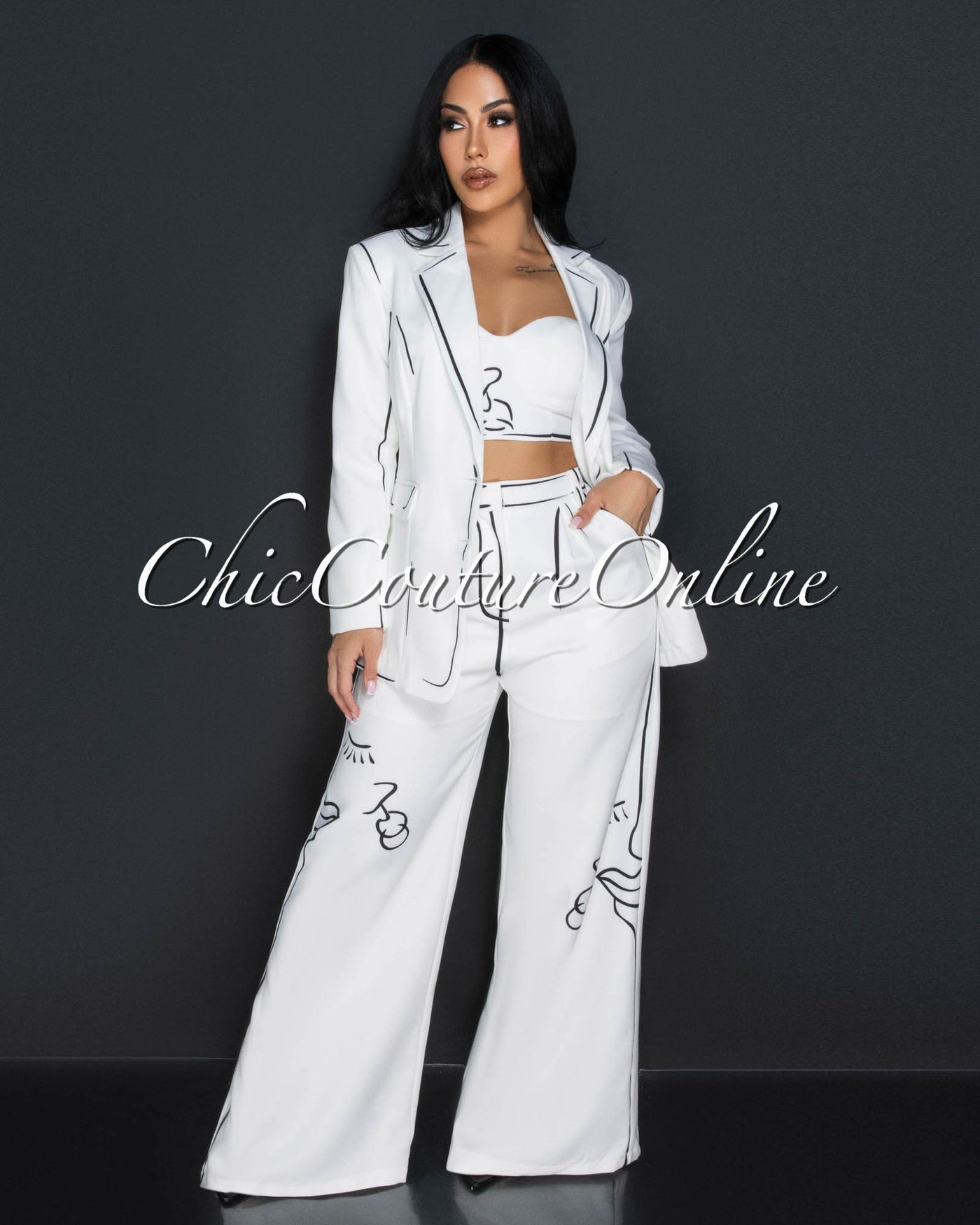 Limona Off White Black Print 3 Piece Pants Set