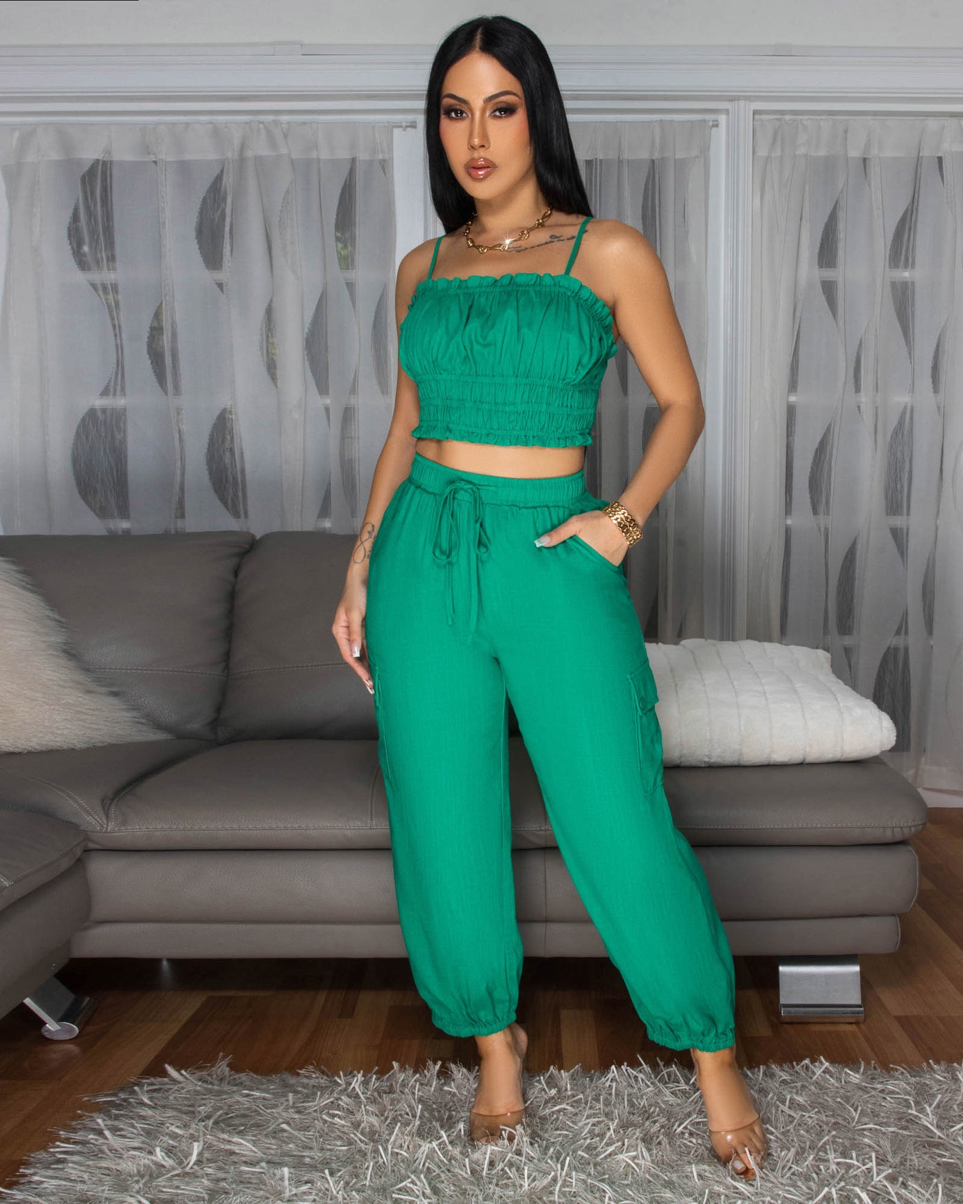 Moya Forest Green Crop Top & Jogger Linen Pants Set