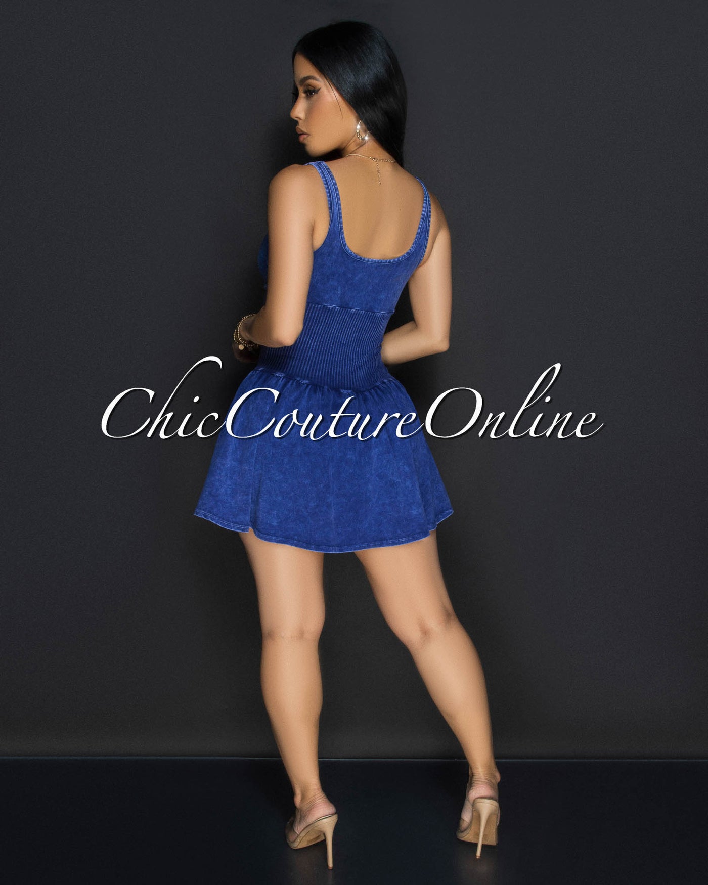 Plara Blue Distressed Ribbed Skort Dress