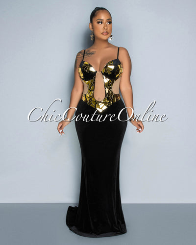 Marcelle Black Gold Mirrors Accent Bust Velvet Maxi Dress