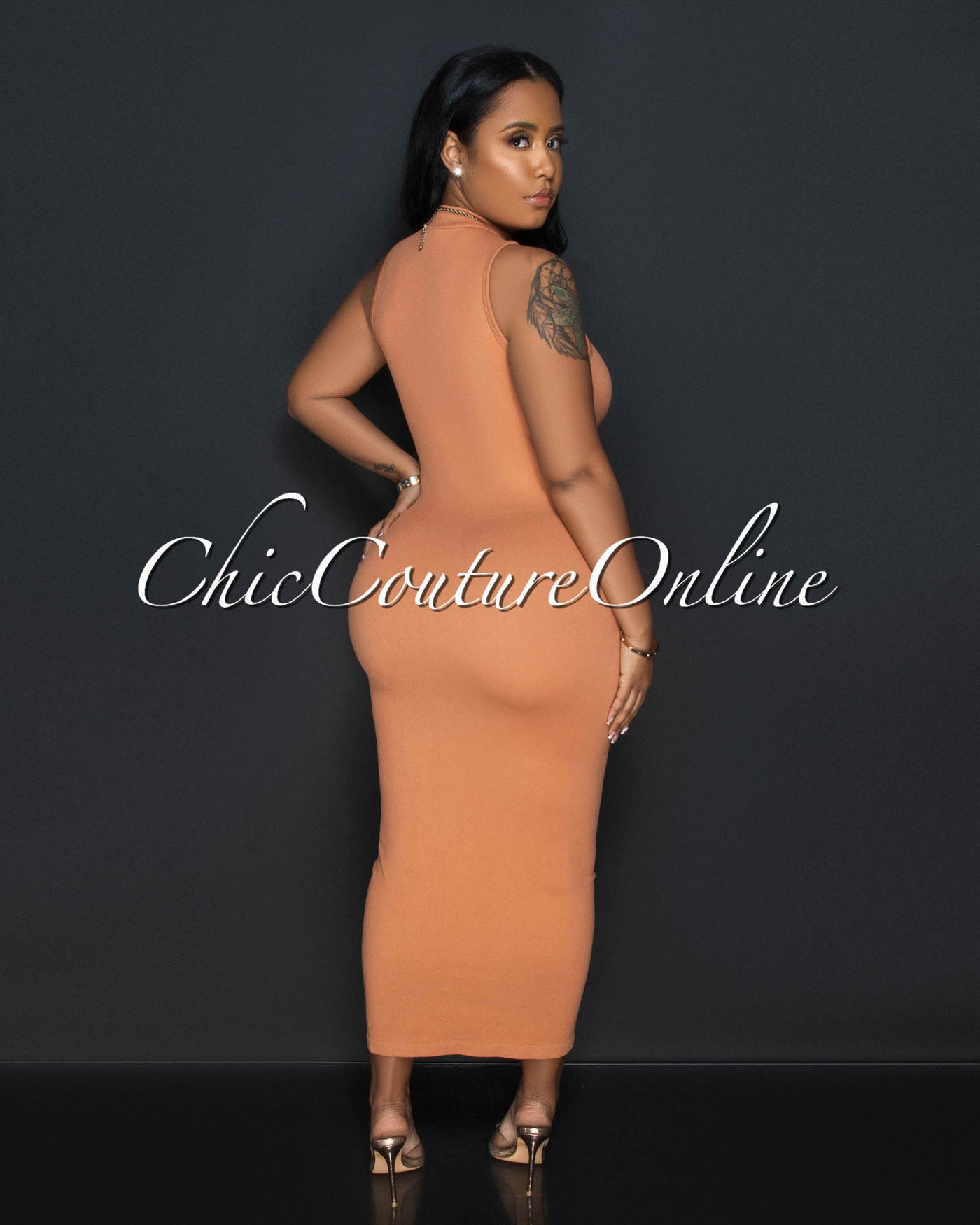 Faustina Toffee Mock Neckline Body-Con Maxi Dress