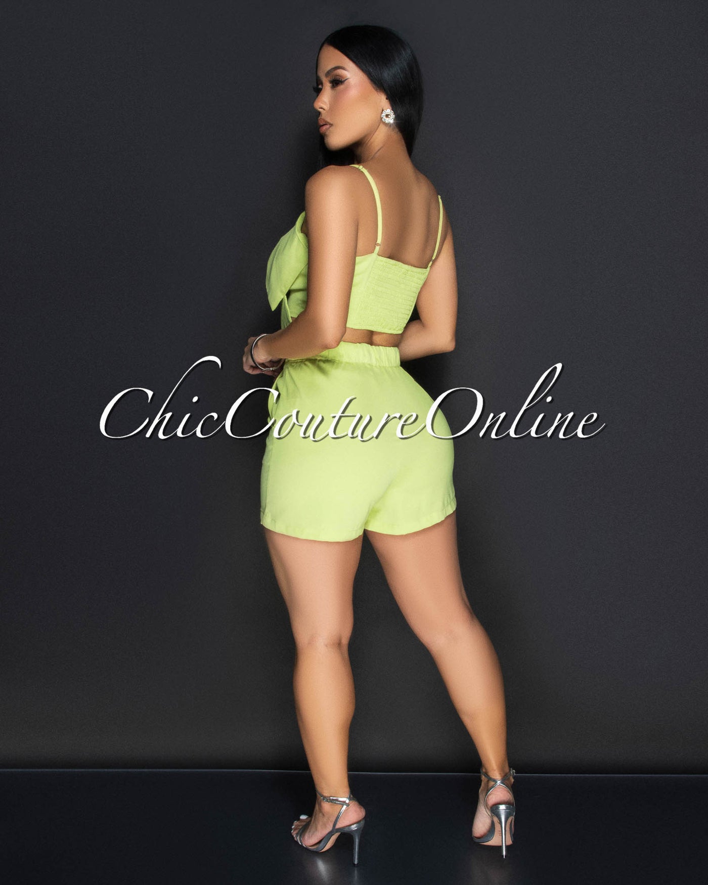 Pluma Lime Flower Spaghetti Strap Crop Top & Shorts Set