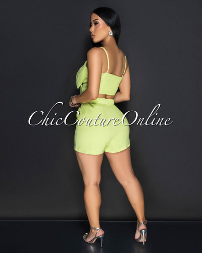 Pluma Lime Flower Spaghetti Strap Crop Top & Shorts Set