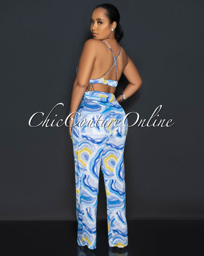 Drya Blue Yellow Print Crop Top & Wide Leg Pants Silky Set