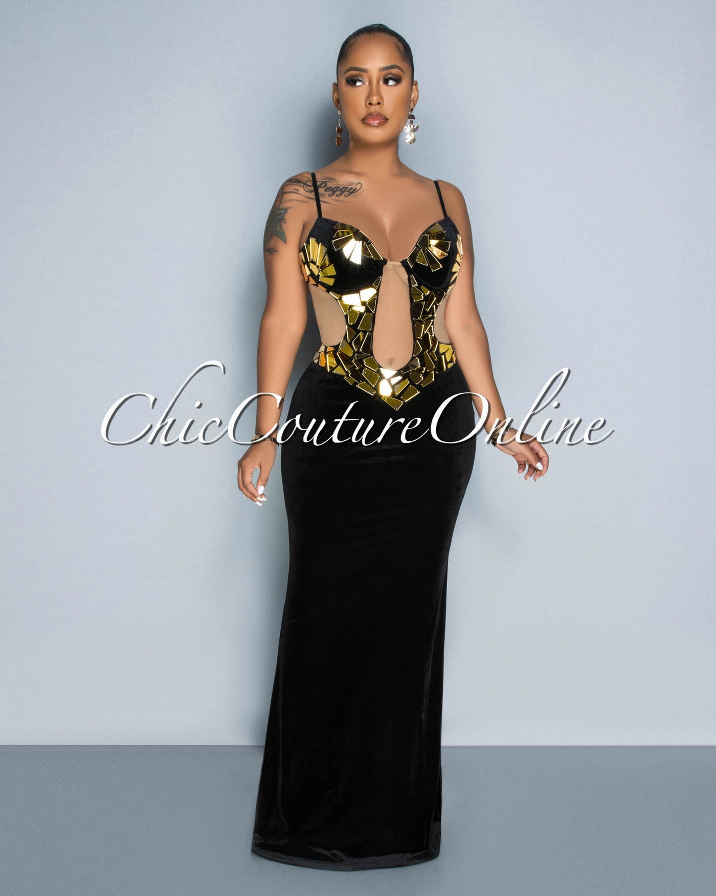 Marcelle Black Gold Mirrors Accent Bust Velvet Maxi Dress