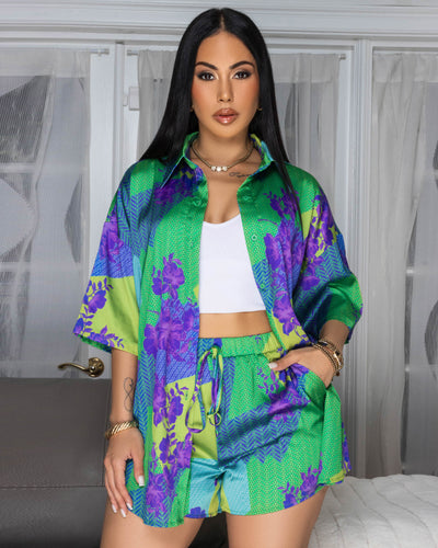 Gigi Green Multi-Color Floral Print Silky Shorts Set