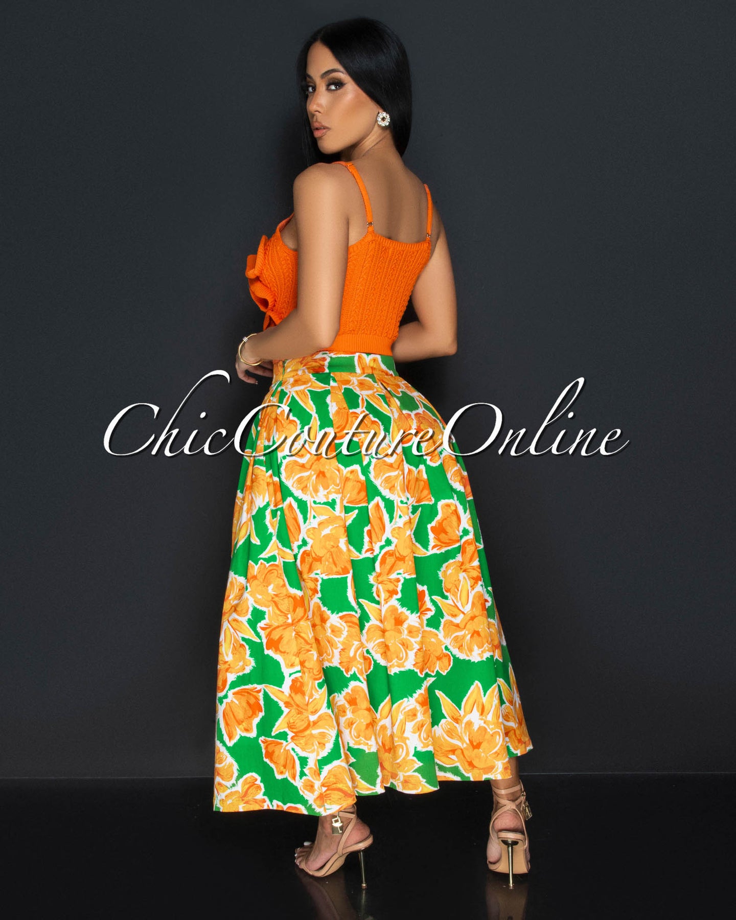 *Safia Tangerine Green Crochet Crop Top & Flared Skirt Set