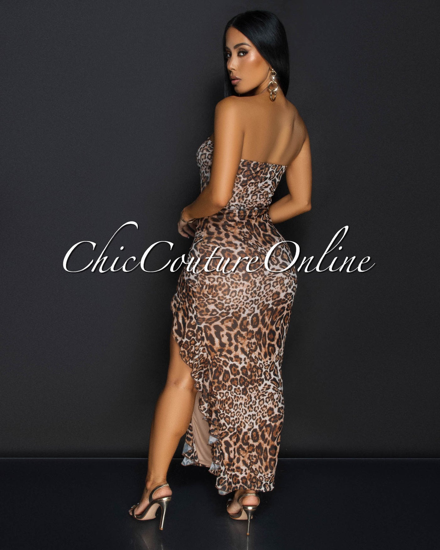 Boba Leopard Mesh Strapless Midi Dress