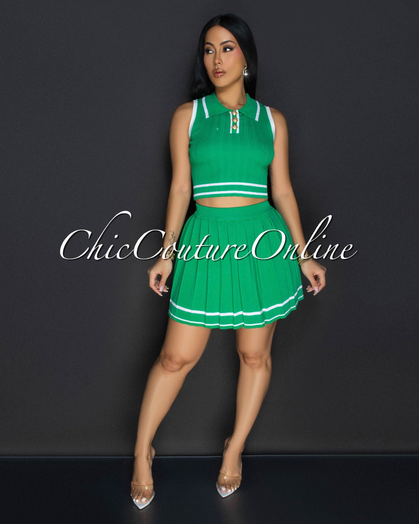 Calvina Green White Stripes Tennis Crop Top & Skirt Set