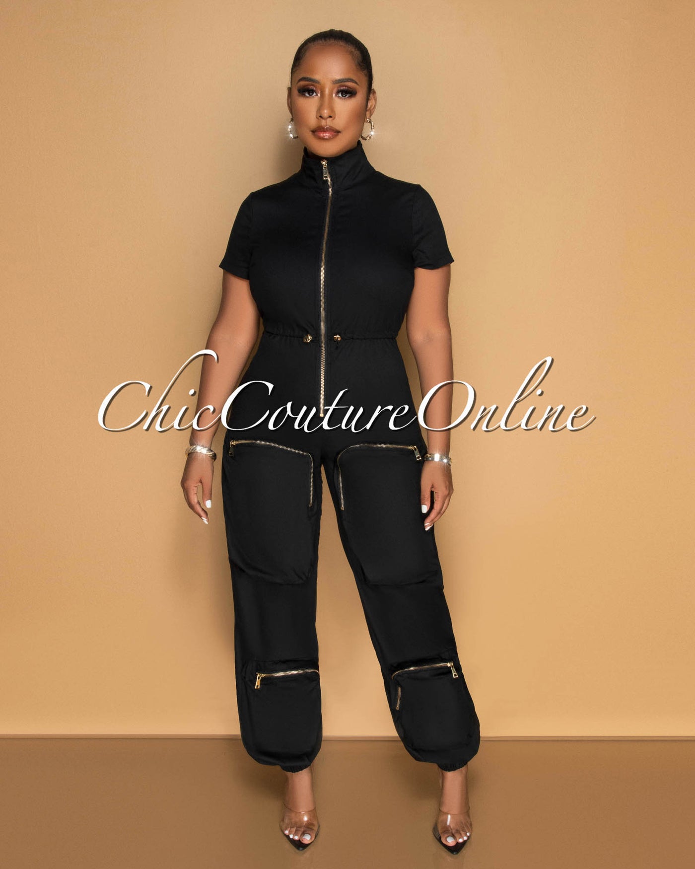 Morcan Black Cargo Pockets Jogger Jumpsuit