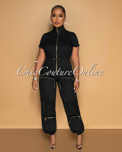 Morcan Black Cargo Pockets Jogger Jumpsuit