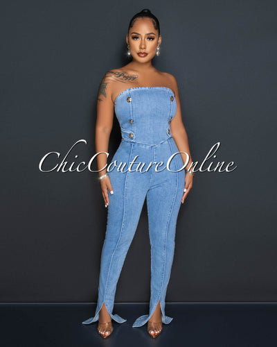 Morgan Light Denim Gold Buttons Strapless Jumpsuit