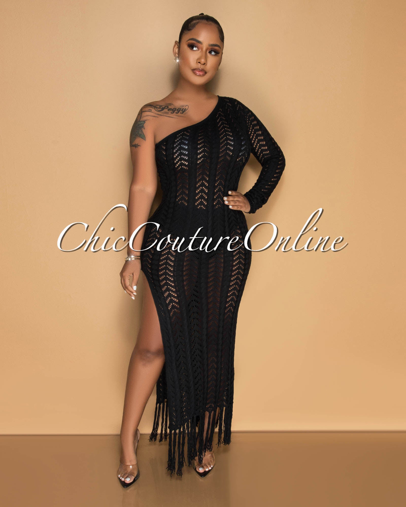 *Hilda Black Crochet Single Shoulder Fringe Hem Maxi Dress