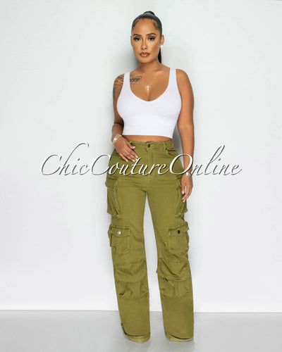 Alania Olive Green Denim Wide Cargo Jeans