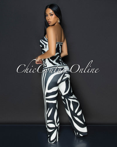 Jenelle Black Cream Print Top & Pants Set