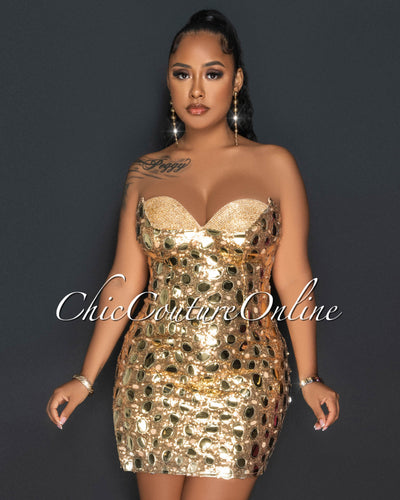 Esvett Gold Sequins Rhinestones Bust Mini Dress