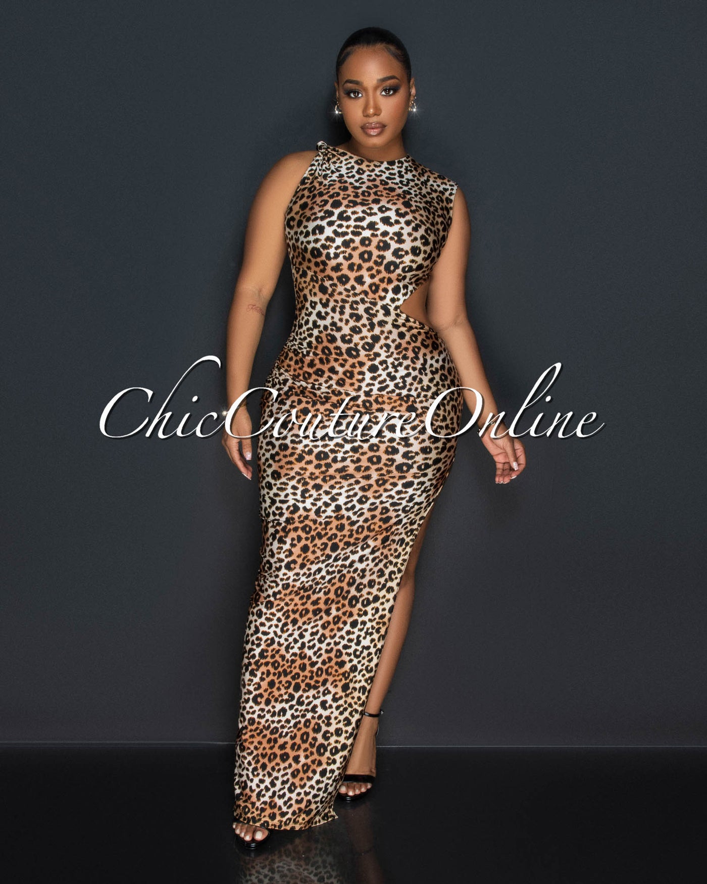 Gladdie Leopard Print Waist Cut-Out Maxi Dress