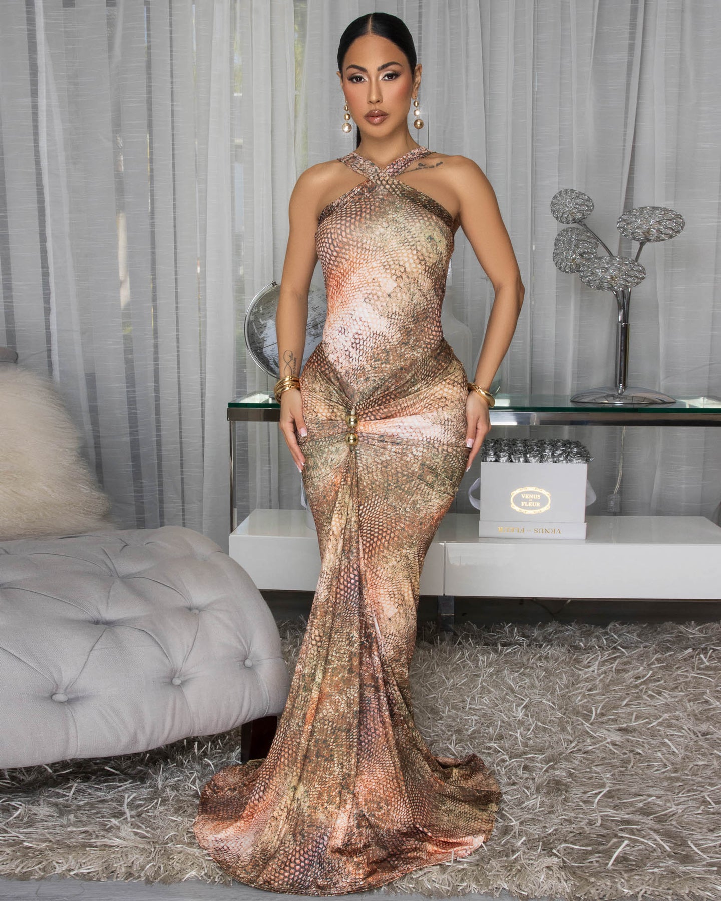 Ayanna Peach Multi-Color Snake Print Maxi Dress