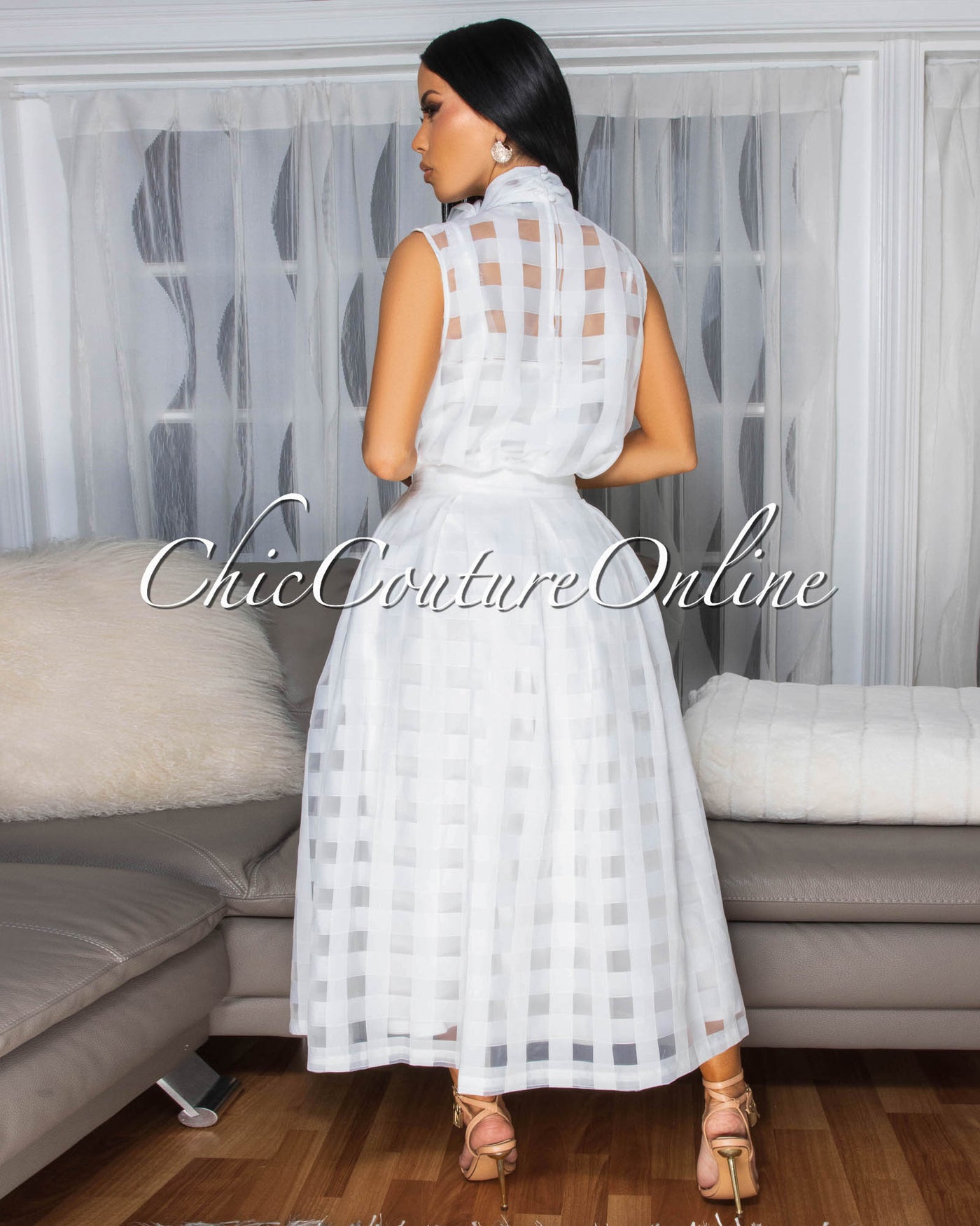 Mayfair White Gingham Organza Midi Skirt