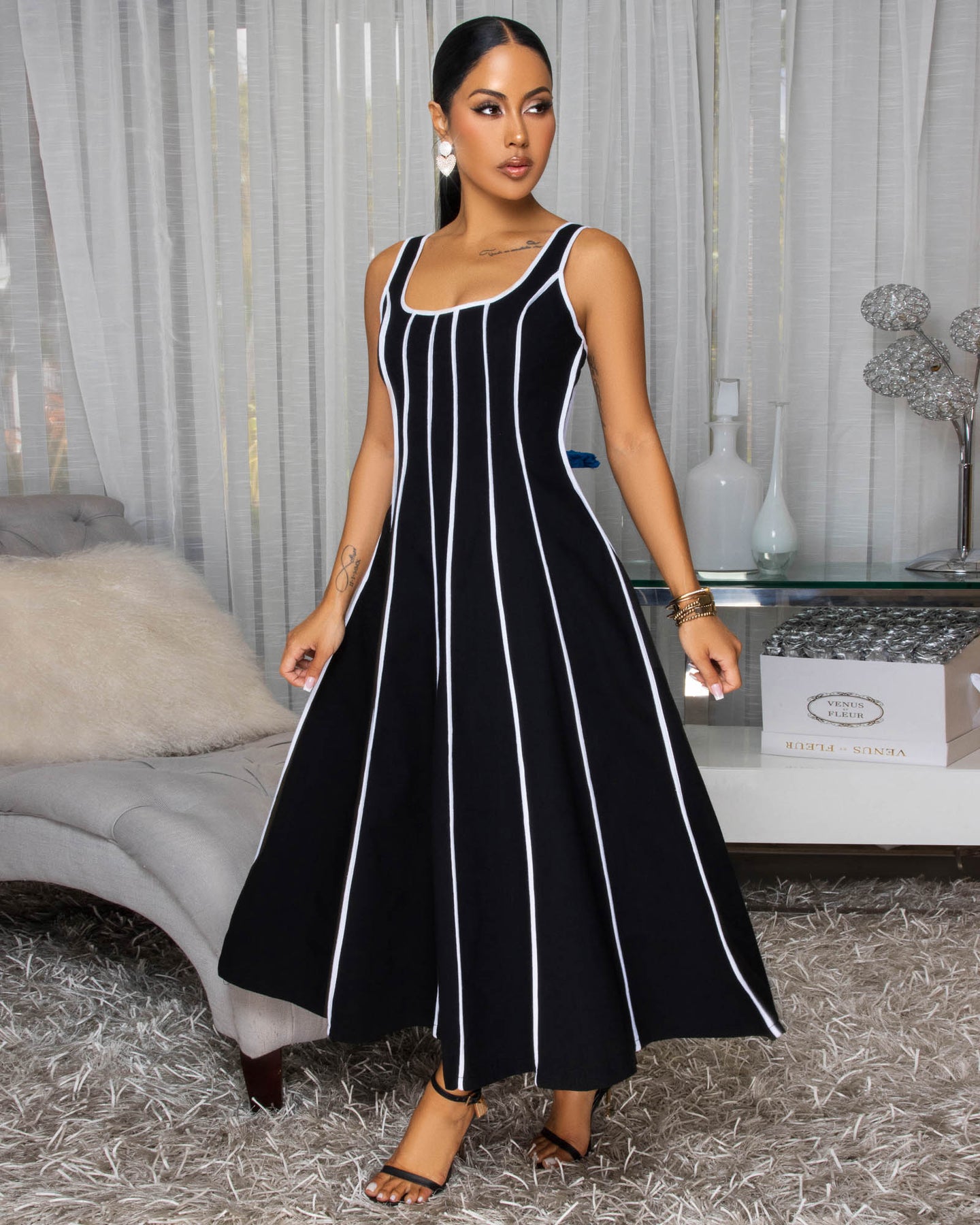 Samantha Black White Stripes Linen Midi Dress