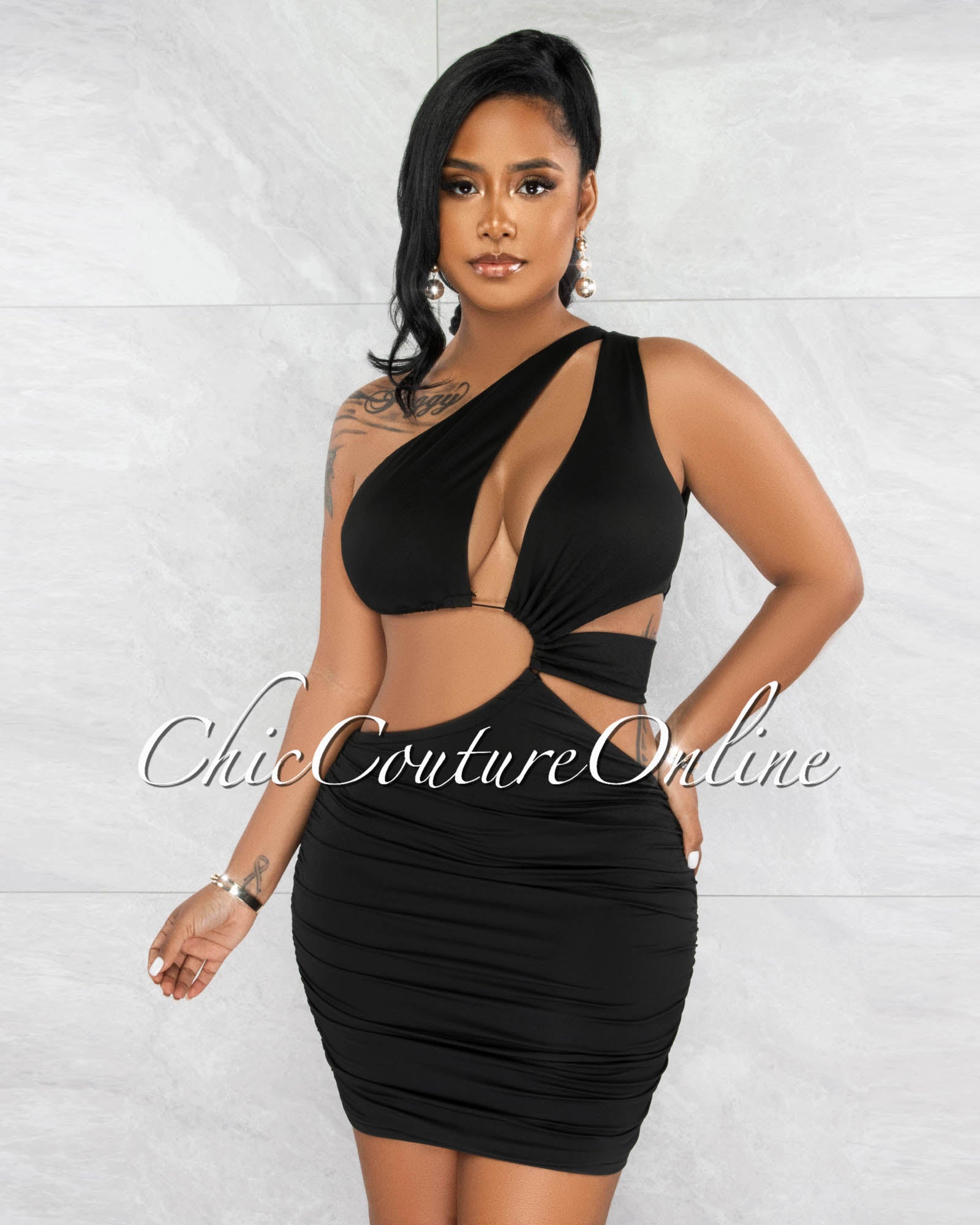 *Marion Black Cut-Out Ruched Bodice Mini Dress