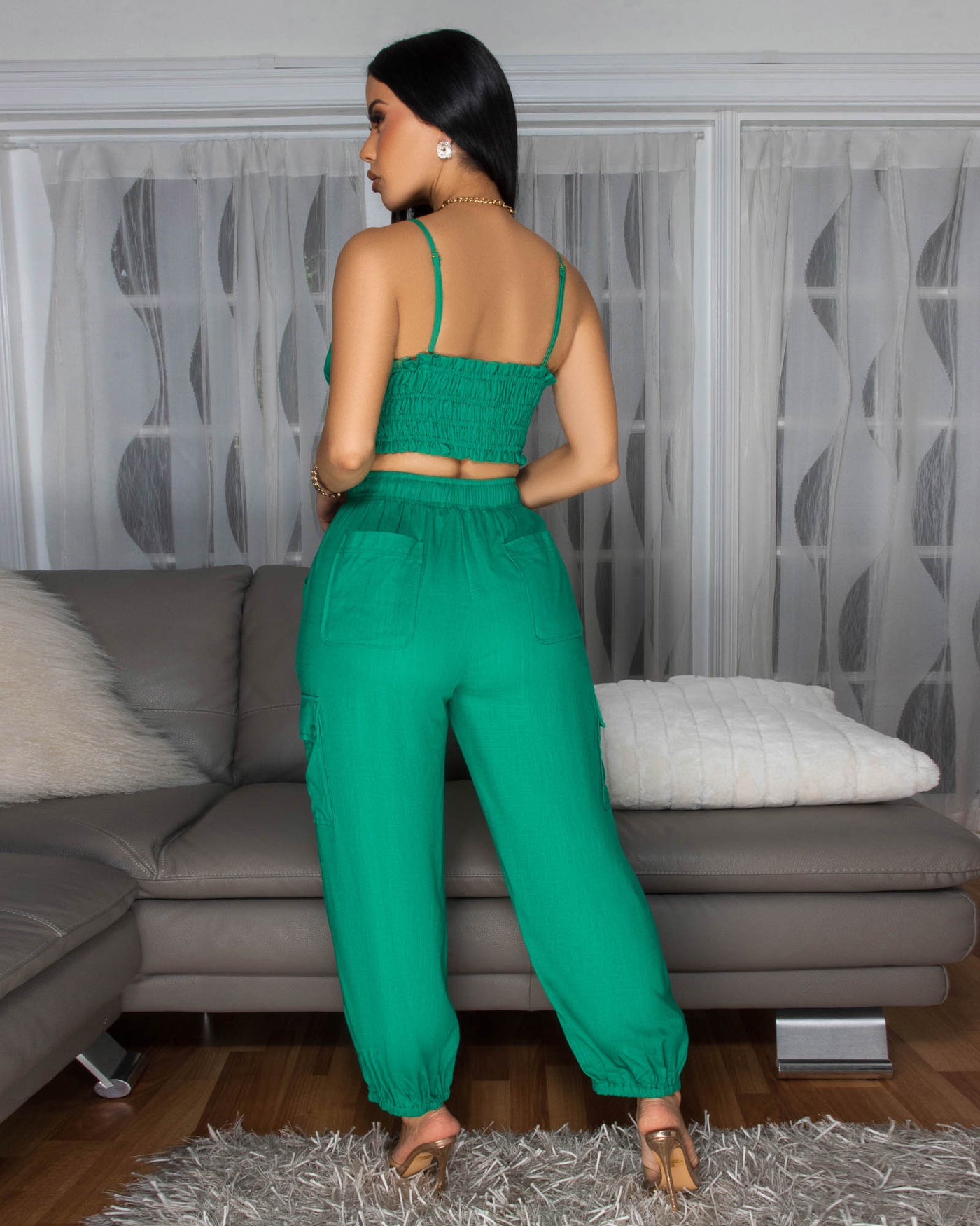 Moya Forest Green Crop Top & Jogger Linen Pants Set