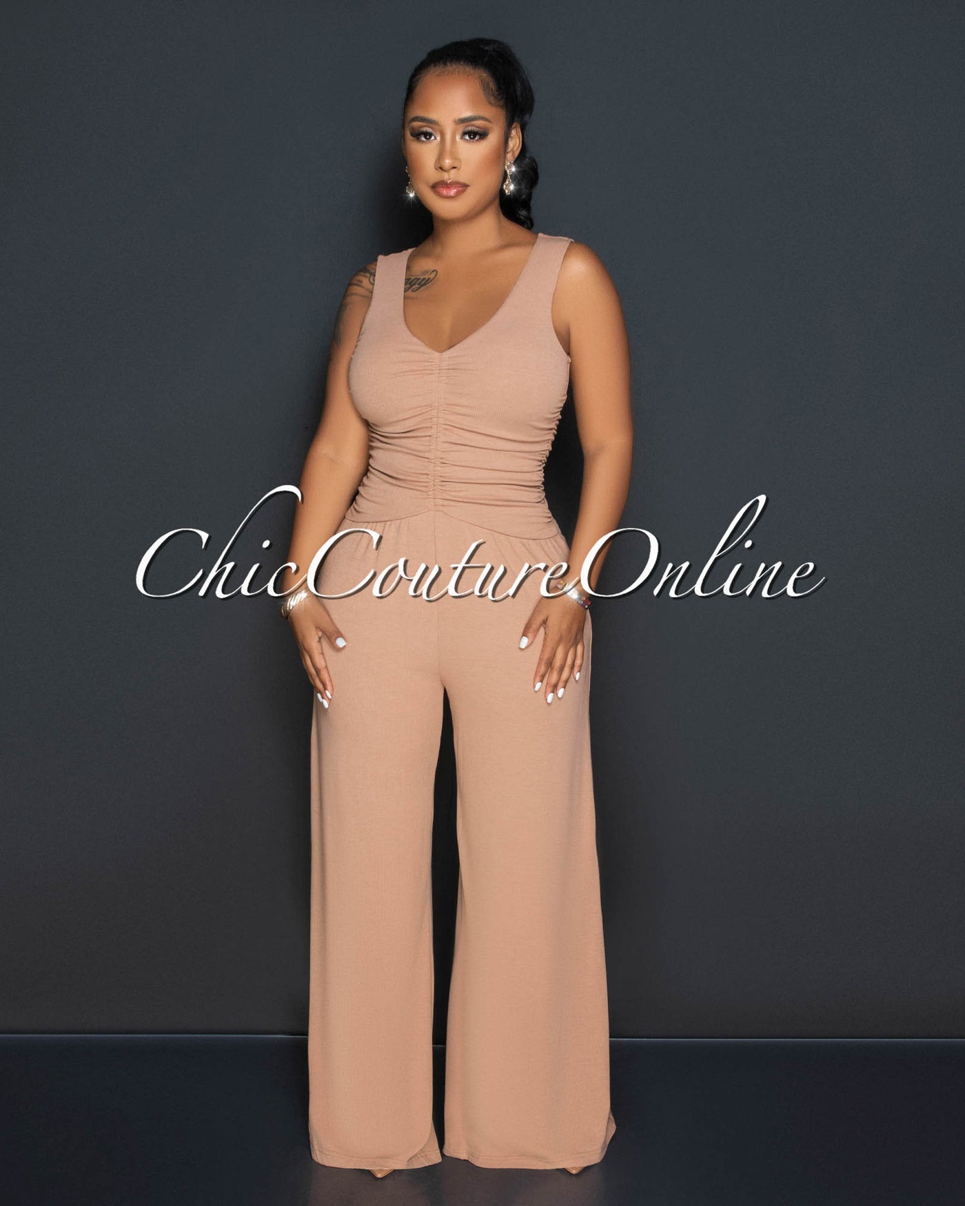 Beverly Mocha Ruched Bust Back Key-Hole Jumpsuit