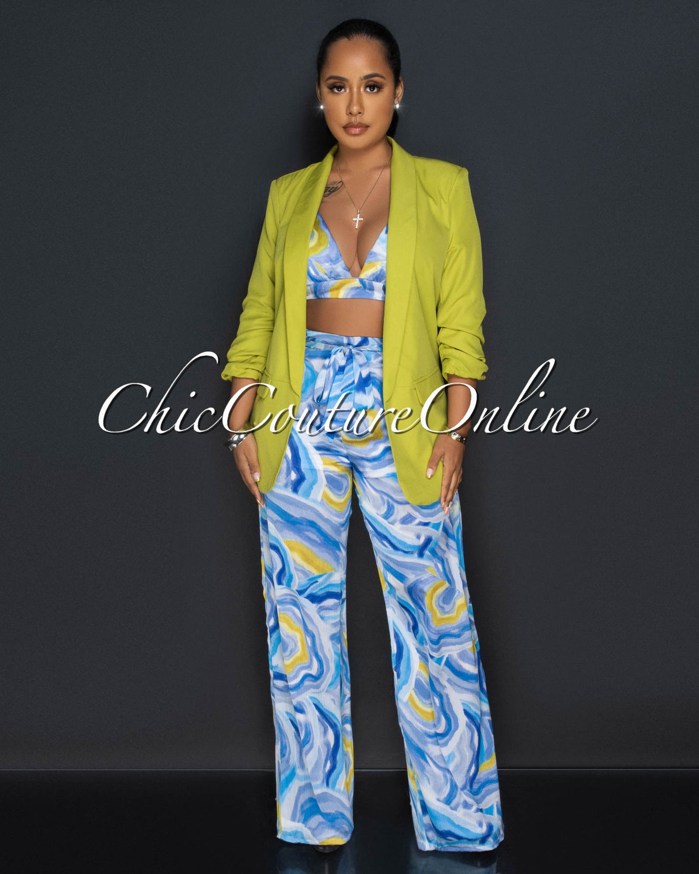 Drya Blue Yellow Print Crop Top & Wide Leg Pants Silky Set