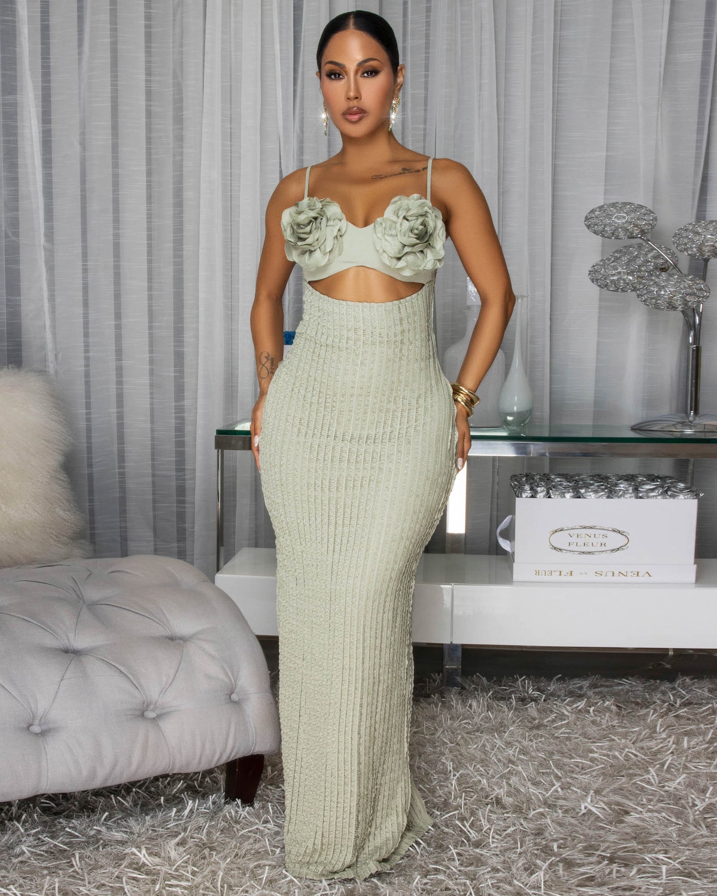 Sevyn Sage Green Crochet Knit Maxi Dress