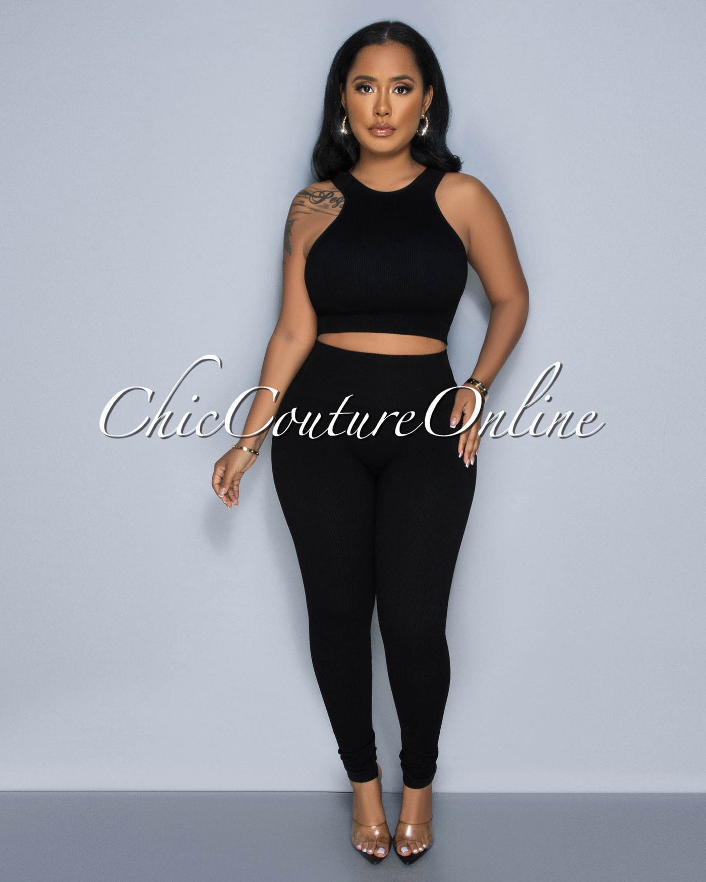 Cindy Black Racer Crop Top & Leggings Sculpting Set