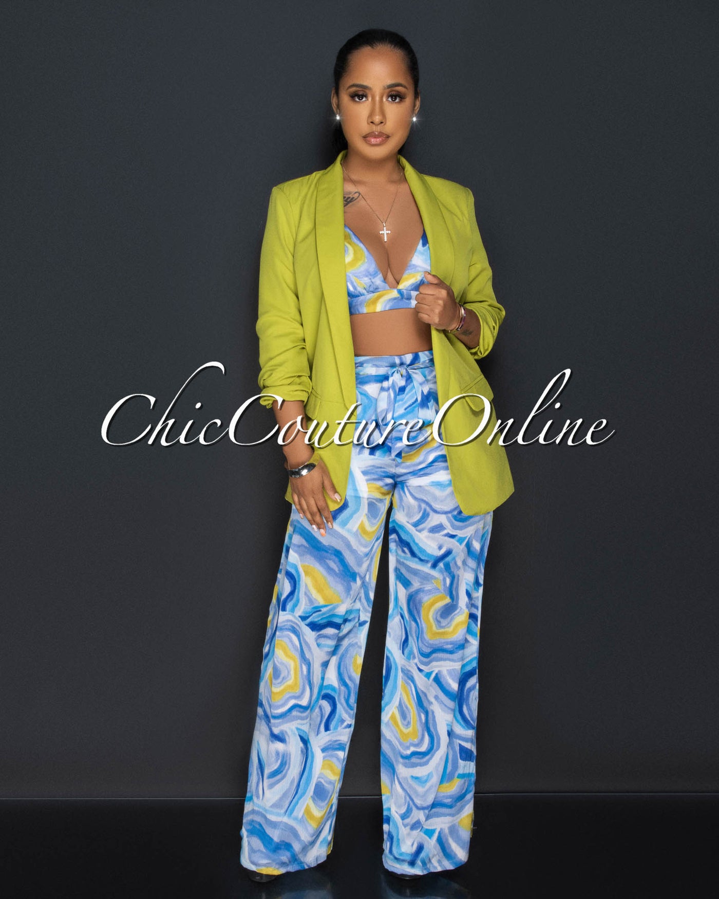 Drya Blue Yellow Print Crop Top & Wide Leg Pants Silky Set