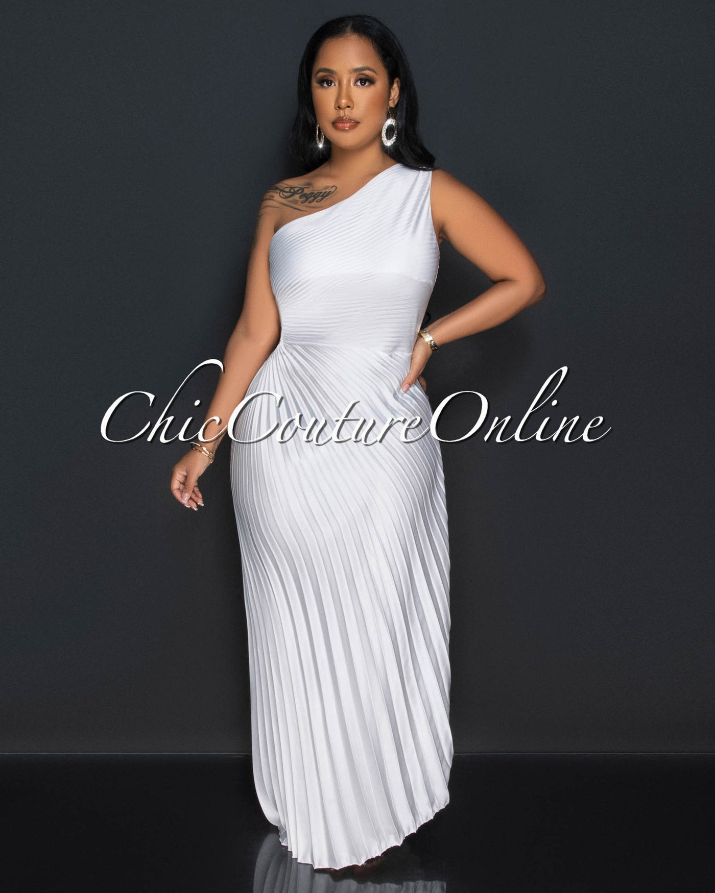 Genevieve Off-White Pleated Single Shoulder Silky Maxi Dress