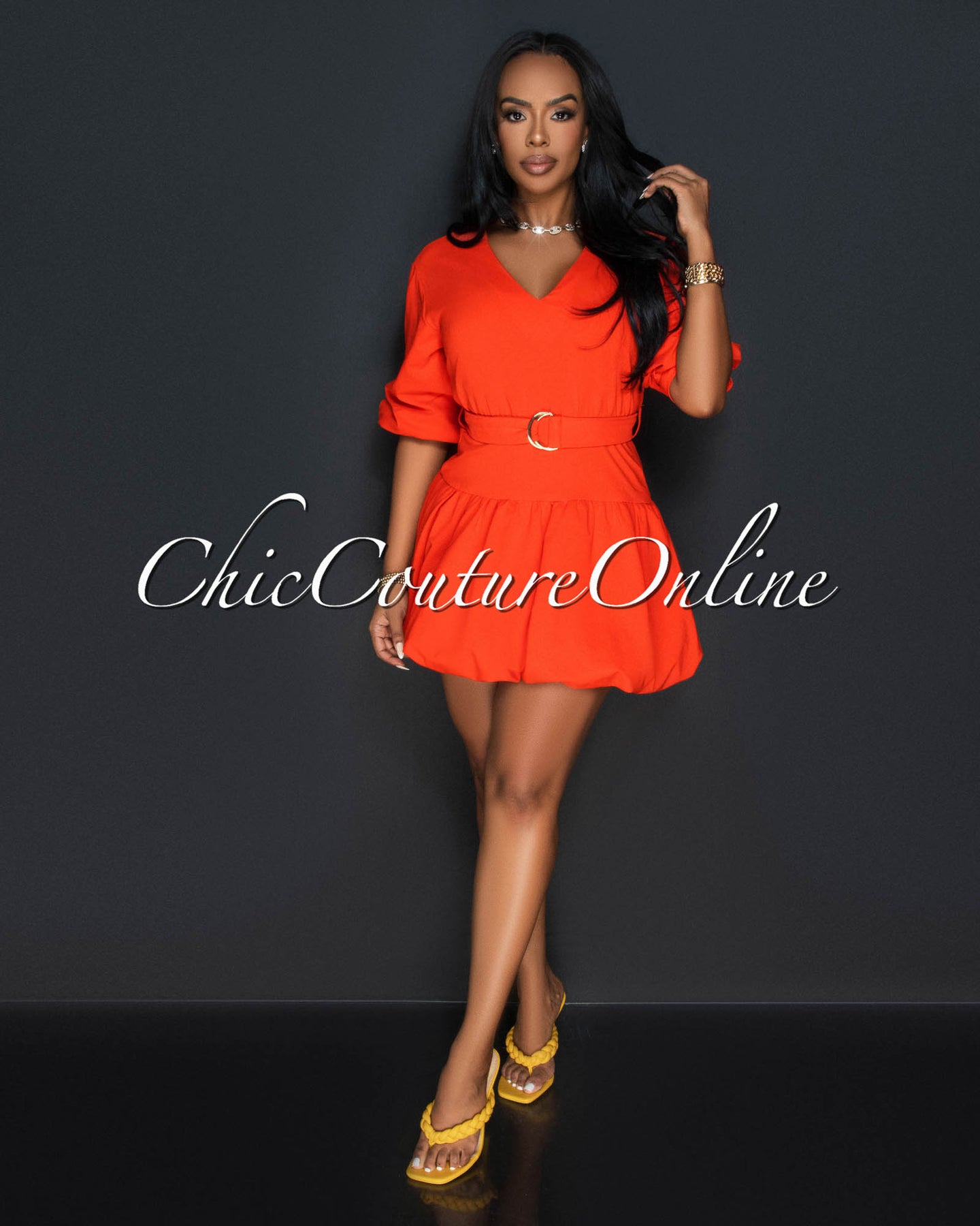 *Dessa Tomato Bubble Sleeves Dress