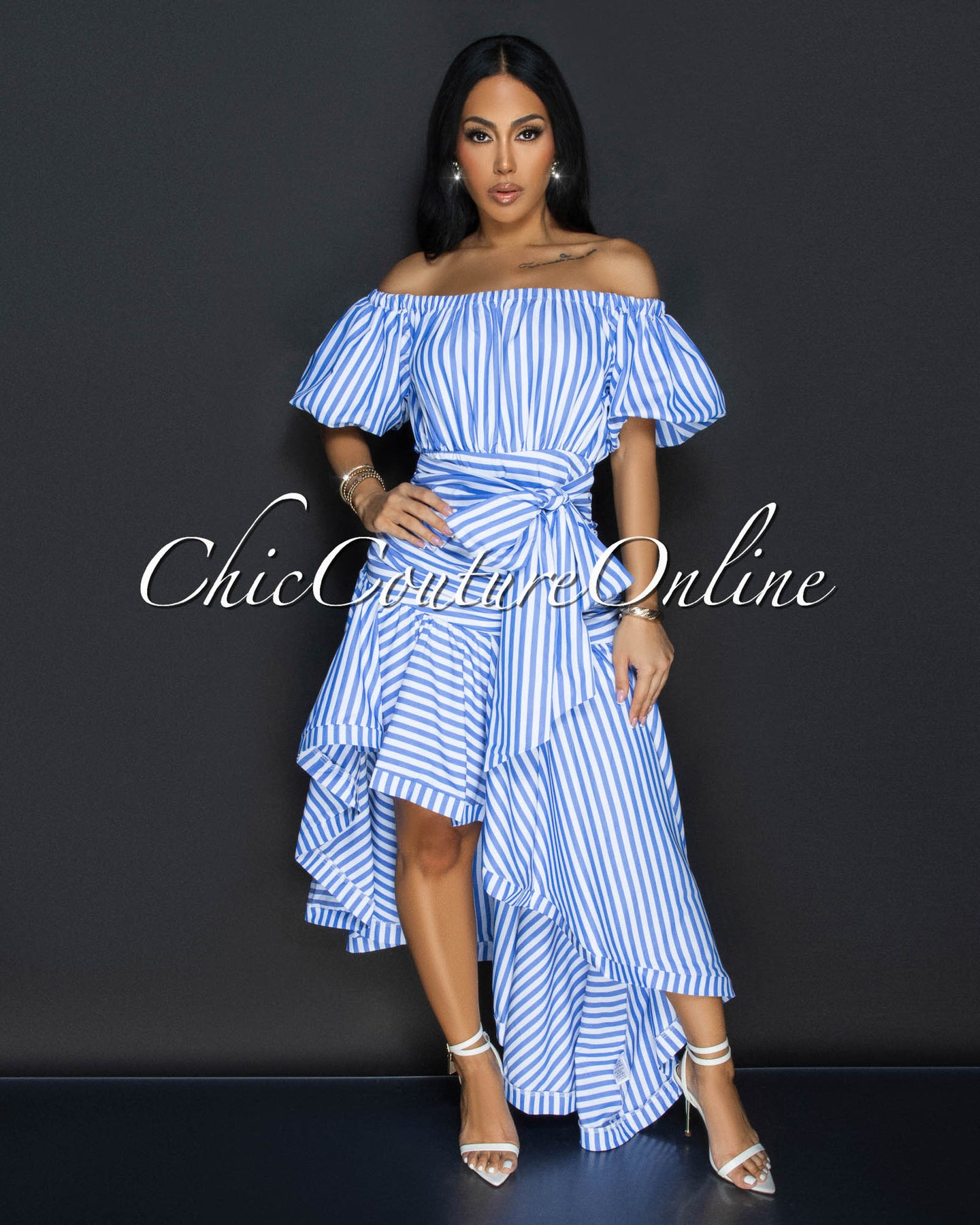 Othalia Blue White Stripes Off-The-Shoulder Maxi Dress