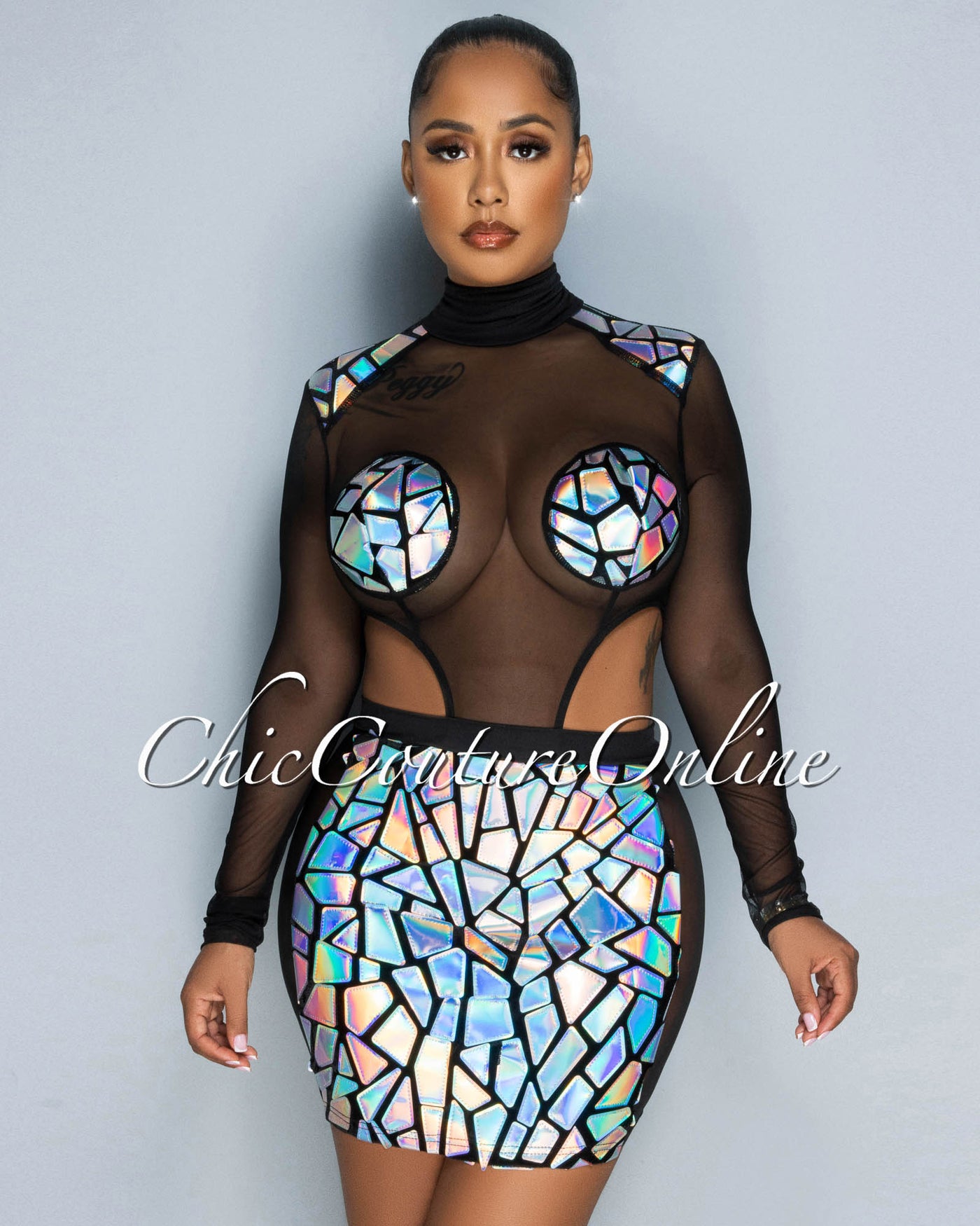 *Nadelia Black Iridescent Sequins Cut-Out Sheer Dress