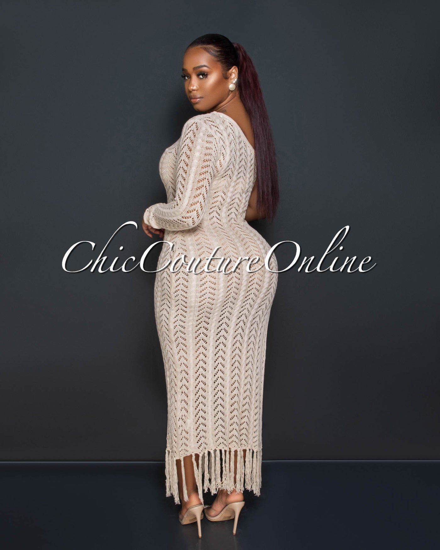 *Hilda Nude Crochet Single Shoulder Fringe Hem Maxi Dress