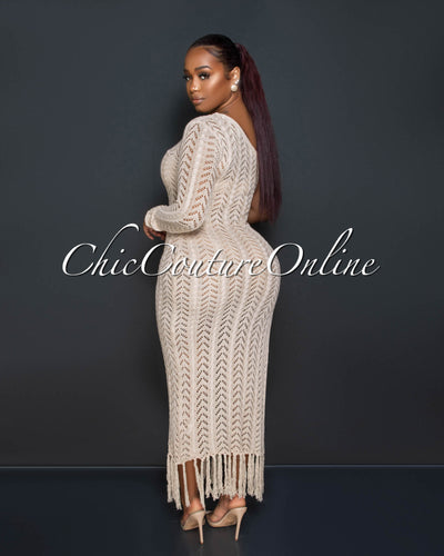 *Hilda Nude Crochet Single Shoulder Fringe Hem Maxi Dress