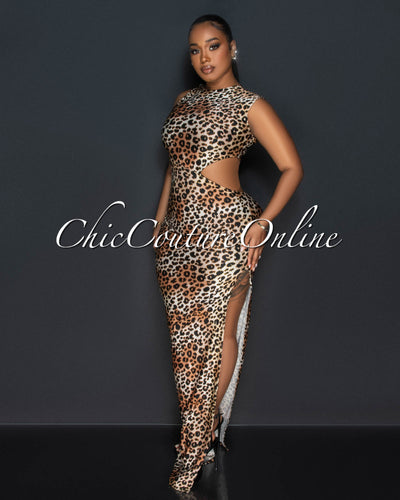 Gladdie Leopard Print Waist Cut-Out Maxi Dress
