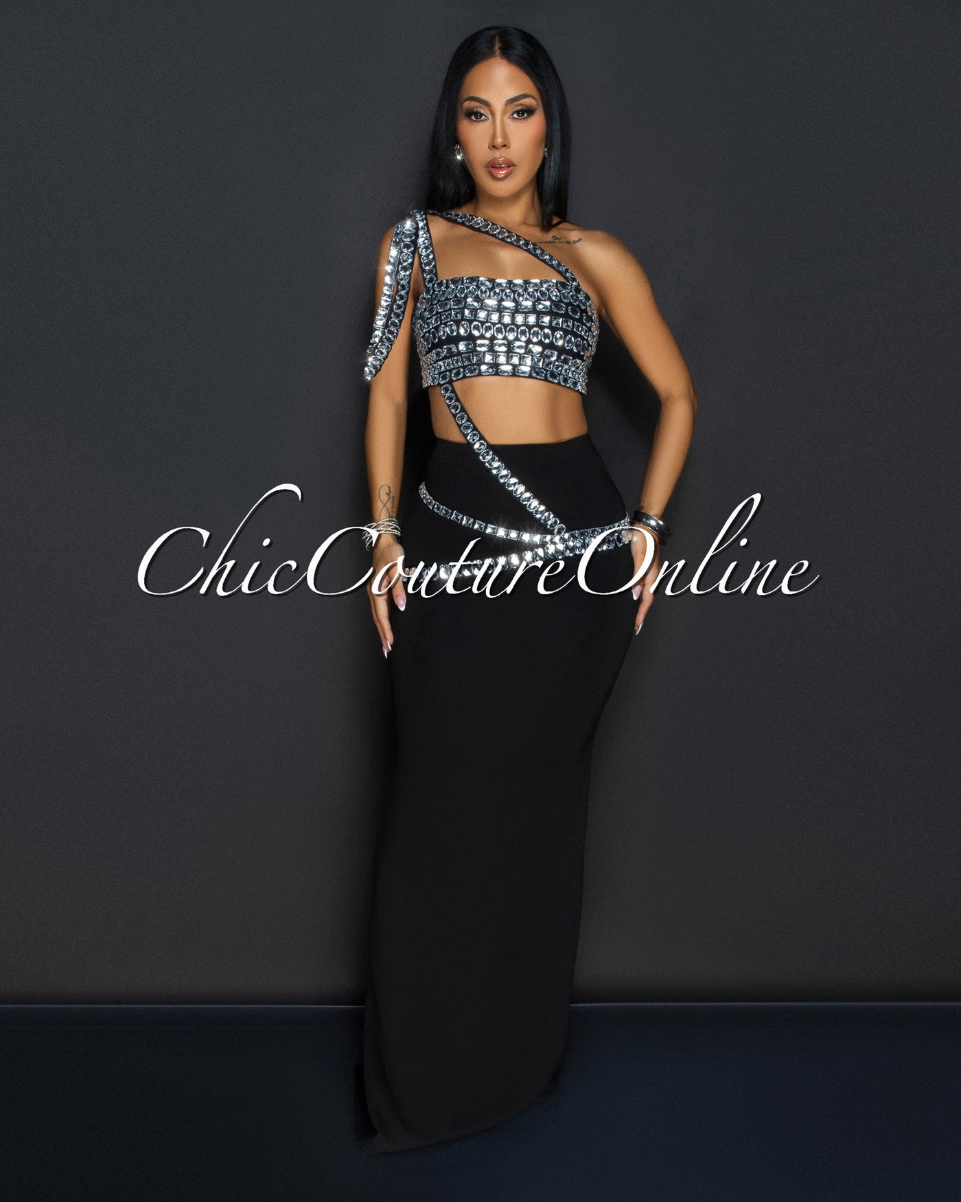 Orzola Black Rhinestones Crop Top & Maxi Skirt Set