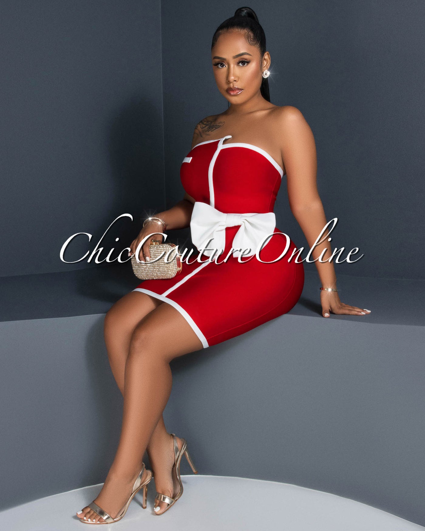 Randie Red White Bow Accent Bandage Dress