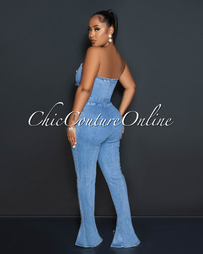 Morgan Light Denim Gold Buttons Strapless Jumpsuit