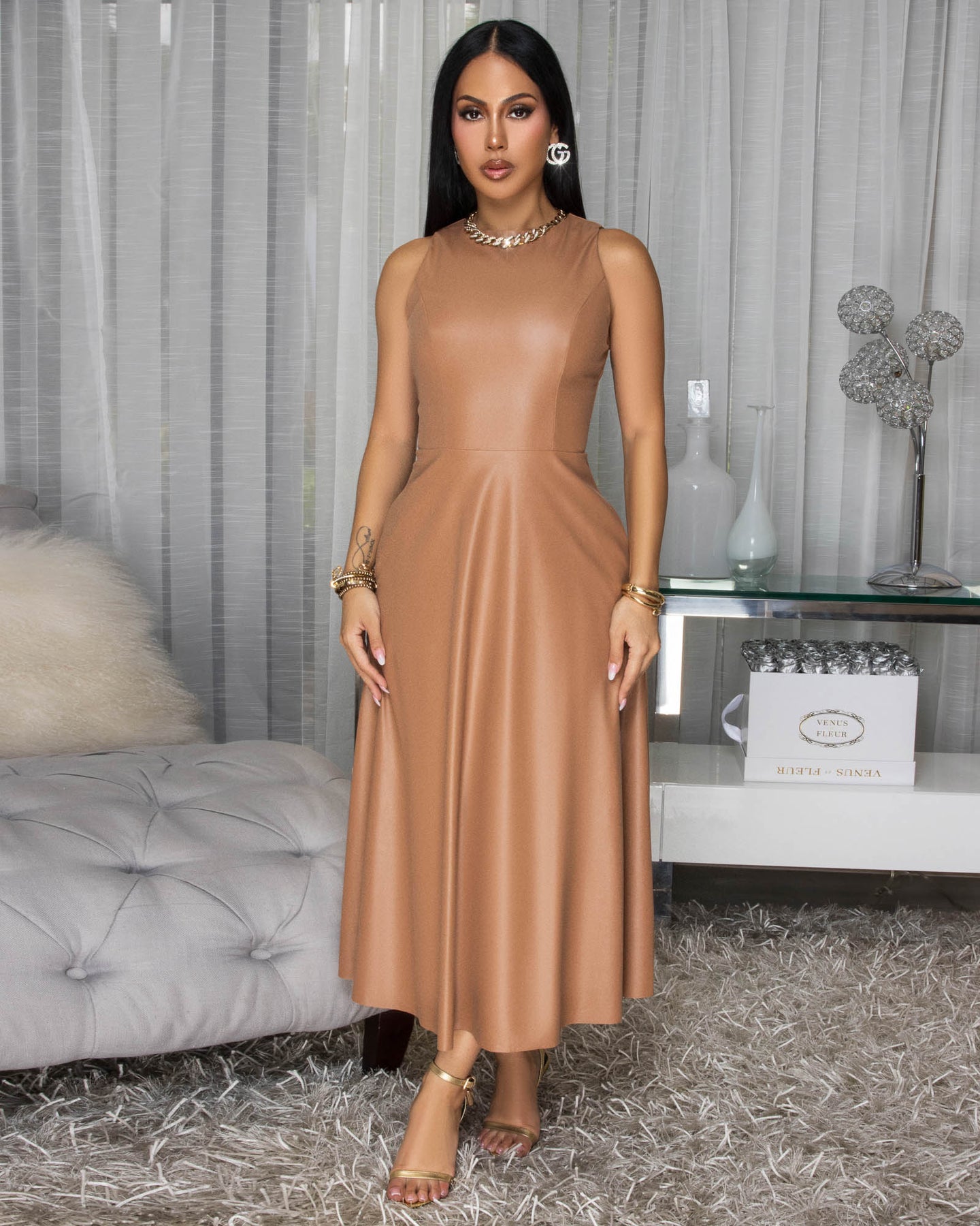 Rhoe Camel Faux Leather Midi Dress